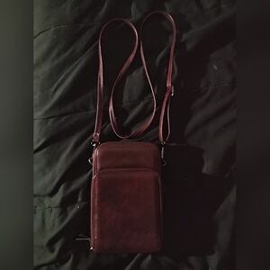 DEEP BROWNISH MAROON TRI POCKET AUTHENTIC LEATHER CROSSBODY